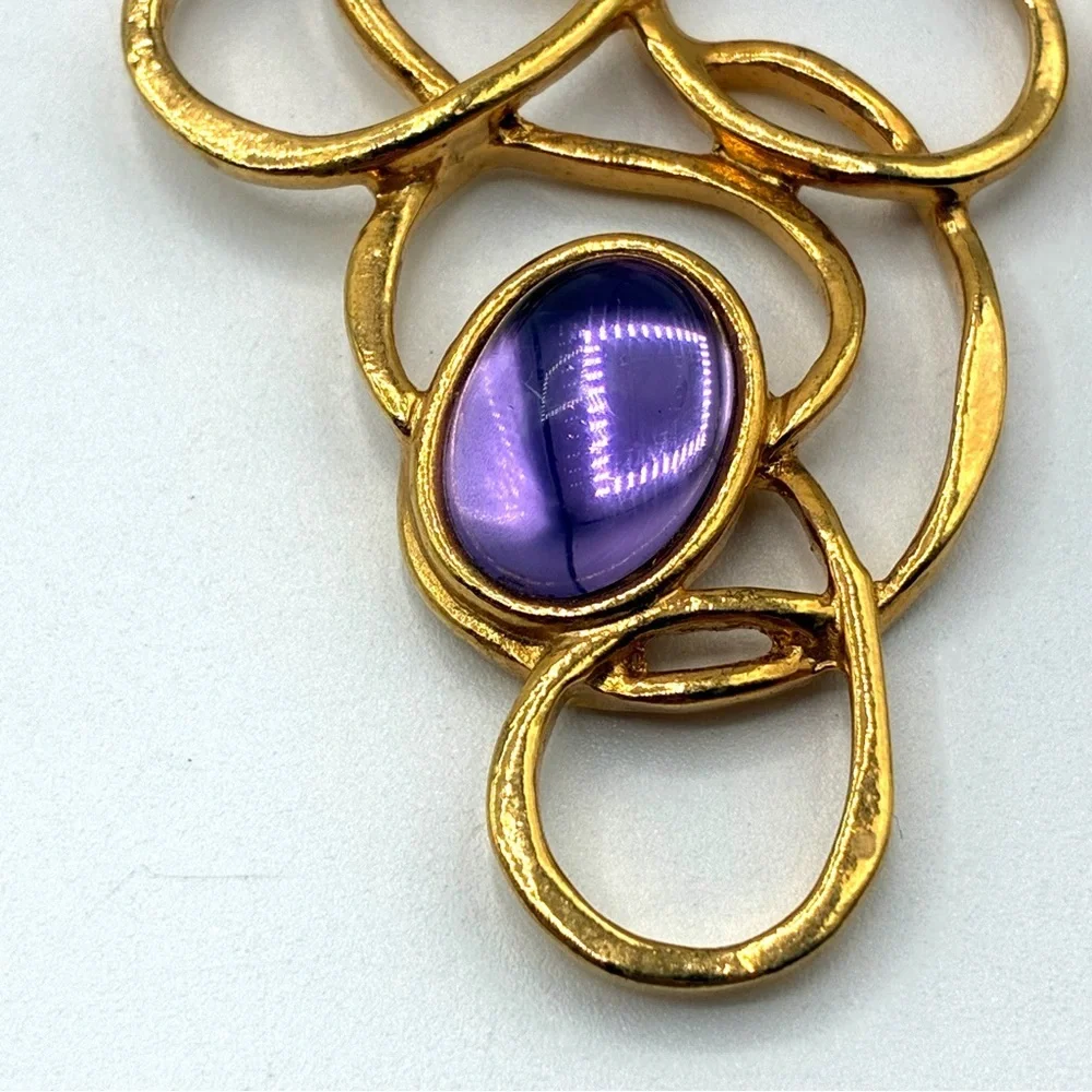 Vintage Avon Golden Web Purple Lucite Cabochon Dangle Modernist Style Earrings